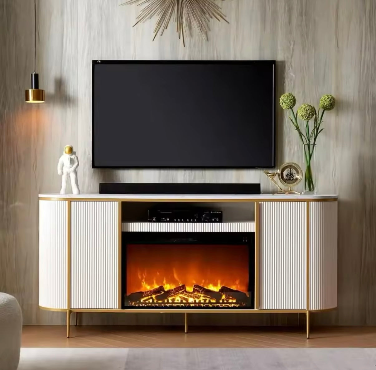 Luxury 70” Fluted Fireplace TV Stand, Modern Chic Entertainment Center Up To 80” Inches, TV Console Faux Marble Top