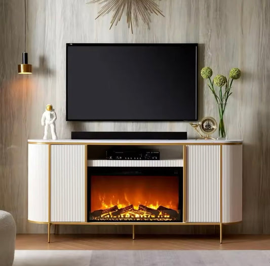 Luxury 70” Fluted Fireplace TV Stand, Modern Chic Entertainment Center Up To 80” Inches, TV Console Faux Marble Top