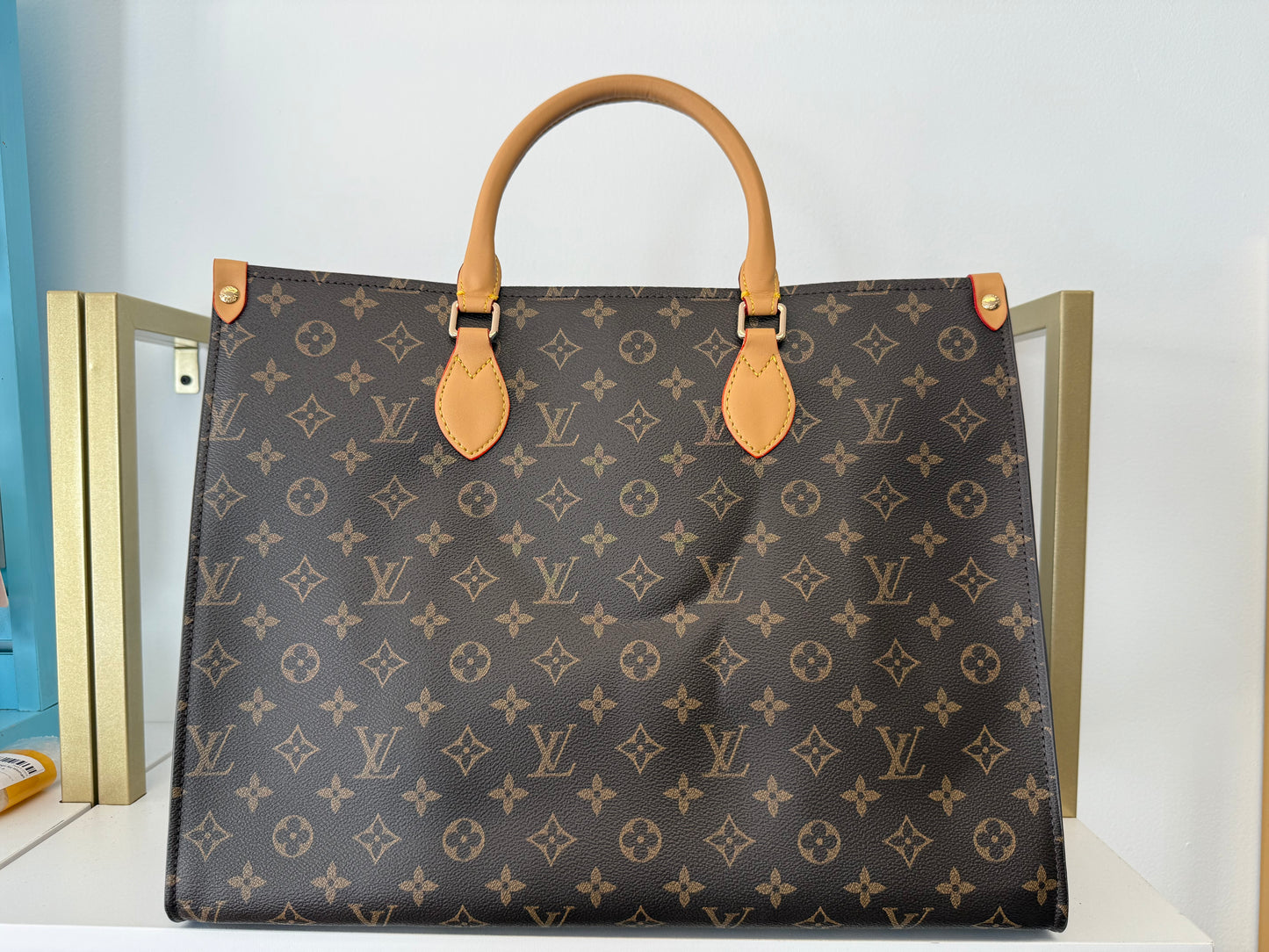 LV Inspired Sac Plat 24hrs Brown logo Leather Tote Bag Monogram Canvas