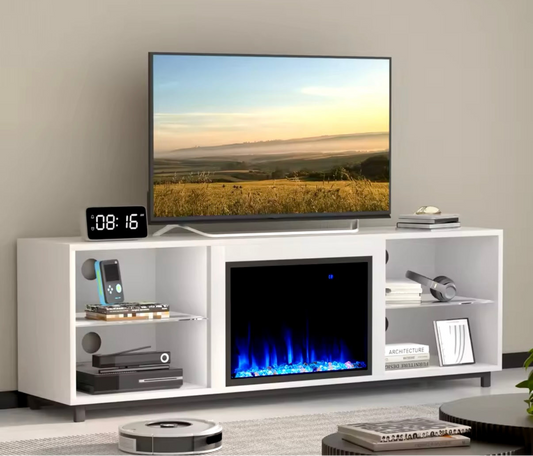 68” Inch Modern Luxury Fireplace TV Stand For TV Up To 78”, With 3D Electric Fireplace, Tv Console White