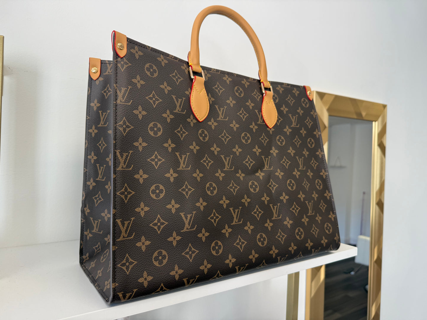 LV Inspired Sac Plat 24hrs Brown logo Leather Tote Bag Monogram Canvas