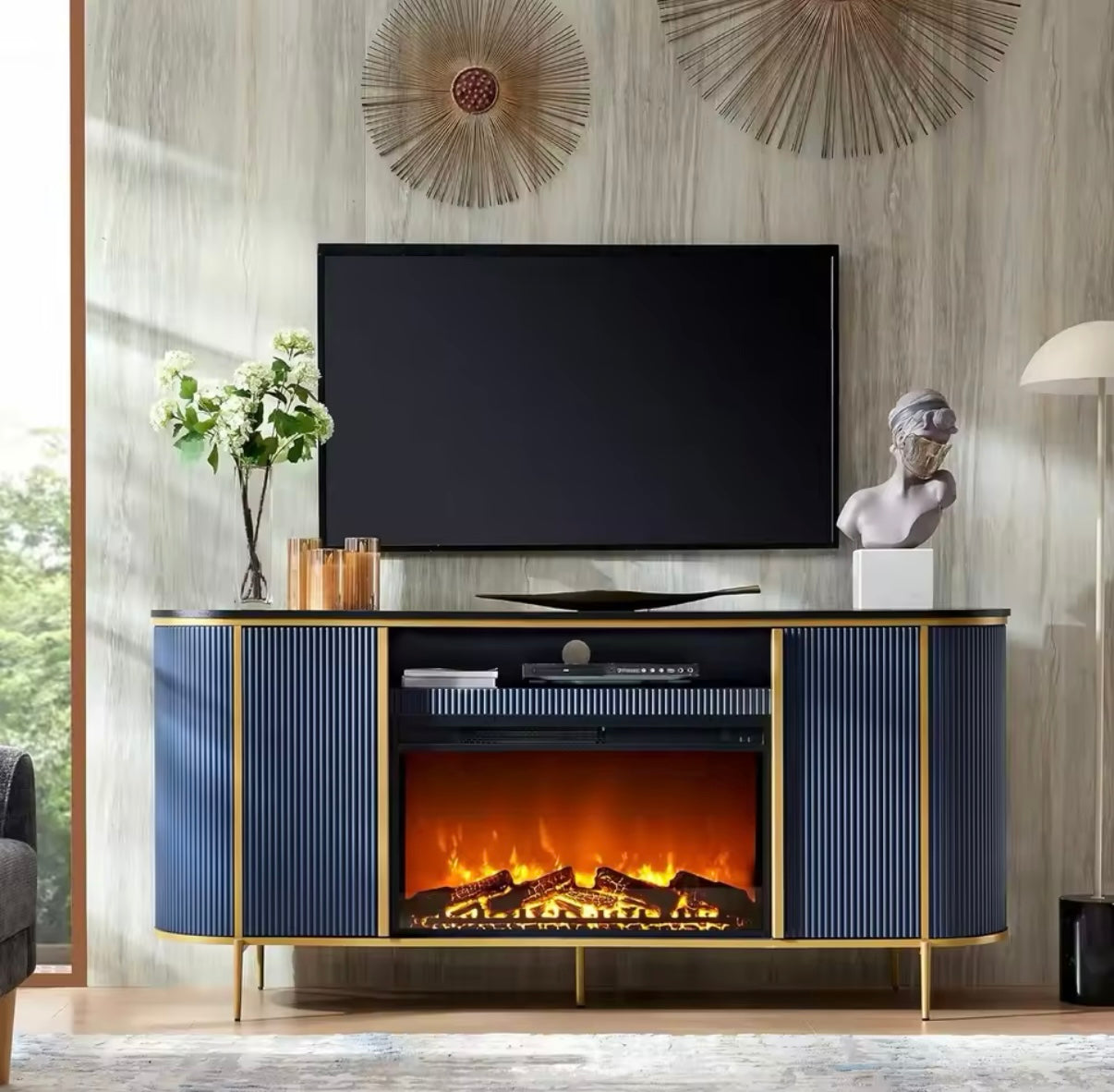 Luxury 70” Fluted Fireplace TV Stand, Modern Chic Entertainment Center Up To 80” Inches, TV Console Faux Marble Top