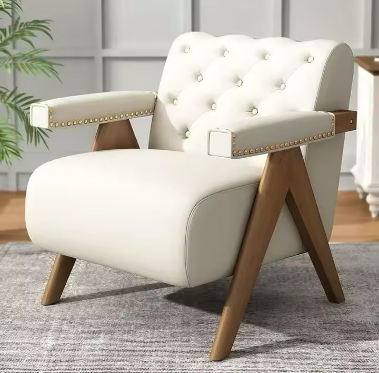 Minimalist Accent Chair With Wood Arms And Legs, Home Sofa Luxury Chic Chair, Living Room Chairs With Tufted Back, Lounge Chair