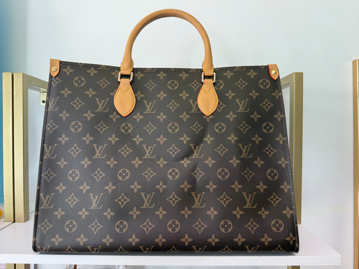 LV Inspired Sac Plat 24hrs Brown logo Leather Tote Bag Monogram Canvas