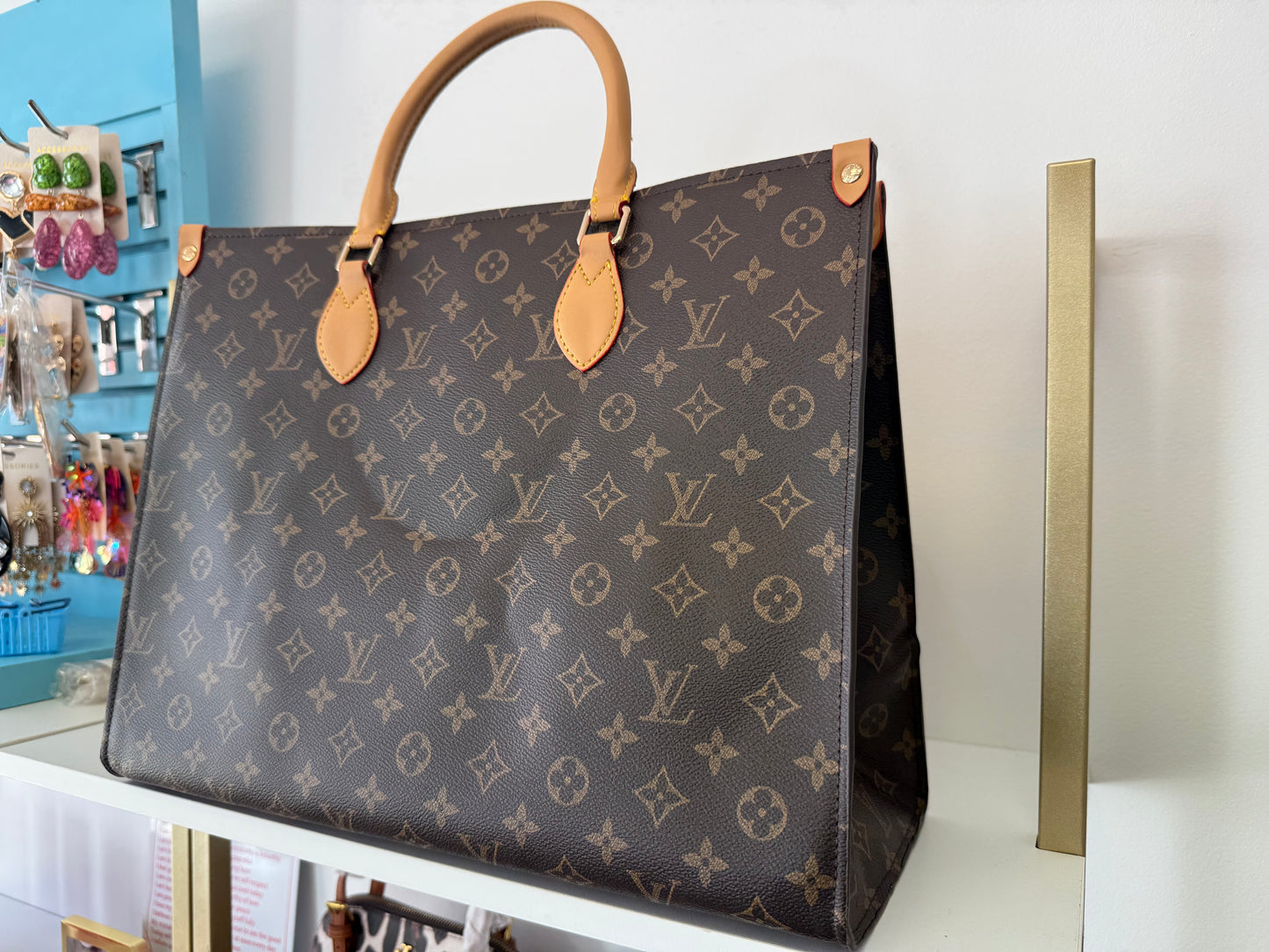 LV Inspired Sac Plat 24hrs Brown logo Leather Tote Bag Monogram Canvas