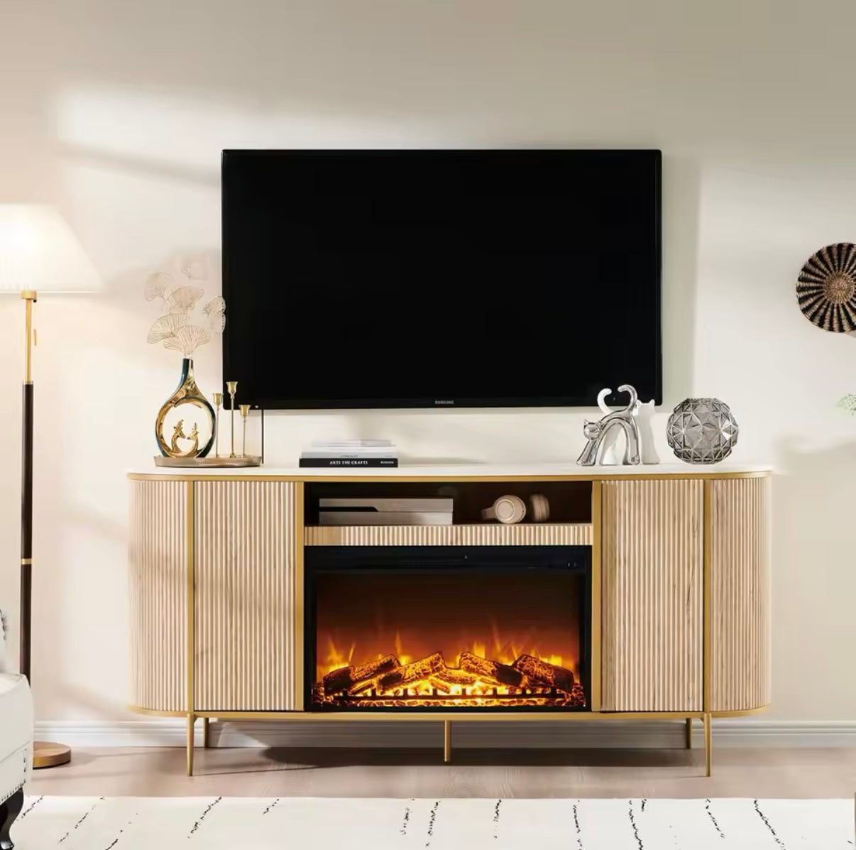 Luxury 70” Fluted Fireplace TV Stand, Modern Chic Entertainment Center Up To 80” Inches, TV Console Faux Marble Top