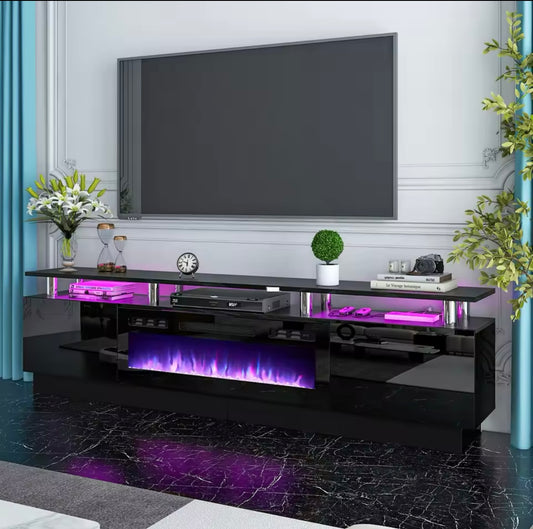 Fireplace TV Stand with 36" Electric Fireplace, LED Light Entertainment Center, Modern Wood Texture Entertainment Stand, Black