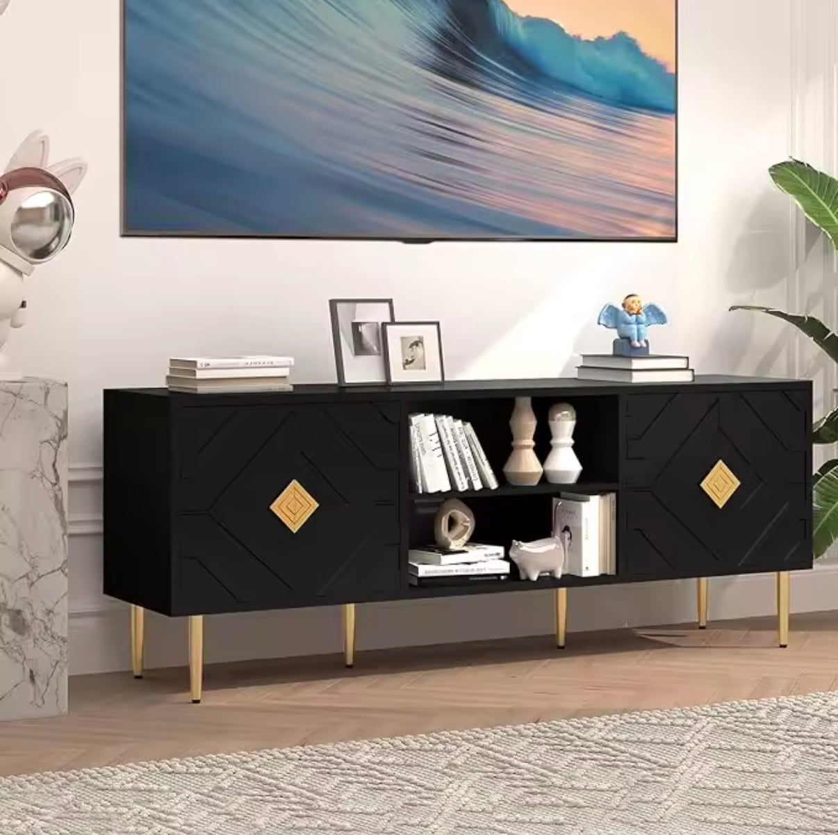 Minimalist Furniture Tv Entry Way Entertainment System Embossed Pattern Gold Trim Modern