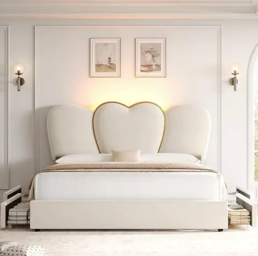 Kraus Velvet Upholstered Platform Storage Bed with LED Lights Heart Bed